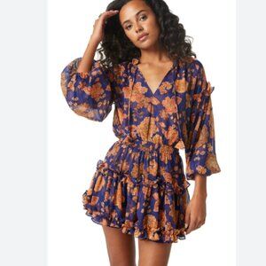 MISA Elena Tiered Floral Dress Navy Blue & Marigold Ruffles Smocked Size S $395